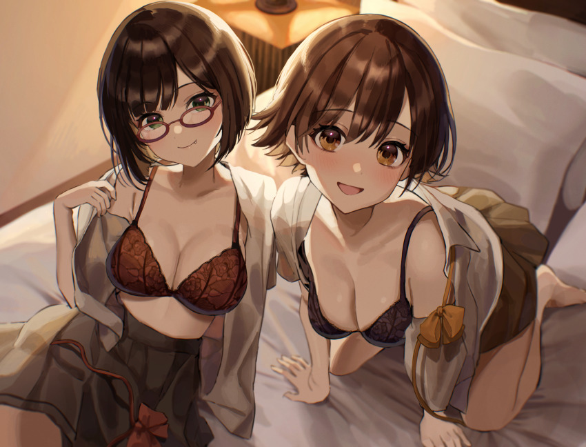 2girls, :d, all_fours, bed, black_bra, black_skirt, blush, bow
