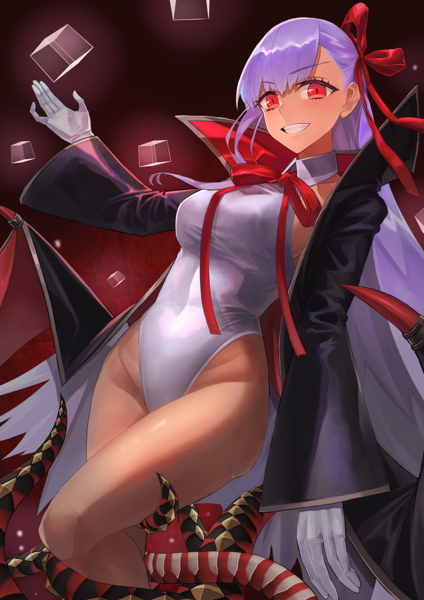 1girl, absurdres, bare_shoulders, bat_wings, bb_(fate), bb_(swimsuit_mooncancer)_(third_ascension)_(fate), black_coat, blush