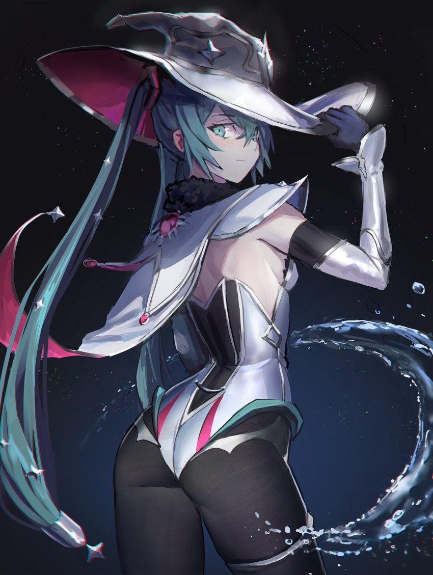 1girl, adapted_costume, alternate_color, alternate_costume, ass, black_gloves, black_pantyhose, blush, breasts, capelet, commentary, cosplay, crossed_bangs, elbow_gloves, english_commentary, flat_ass, from_behind, genshin_impact, gloves, green_eyes, green_hair, hair_ornament, hat, hatsune_miku, highres, leotard, long_hair, looking_at_viewer, looking_back, mona_(genshin_impact), mona_(genshin_impact)_(cosplay), no_bra, pantyhose, silver_hat, silver_leotard, silver_sleeves, small_breasts, solo, star_(symbol), star_hair_ornament, star_symbol_background, strapless, strapless_leotard, turning_head, vertigris, very_long_hair, vocaloid, witch_hat