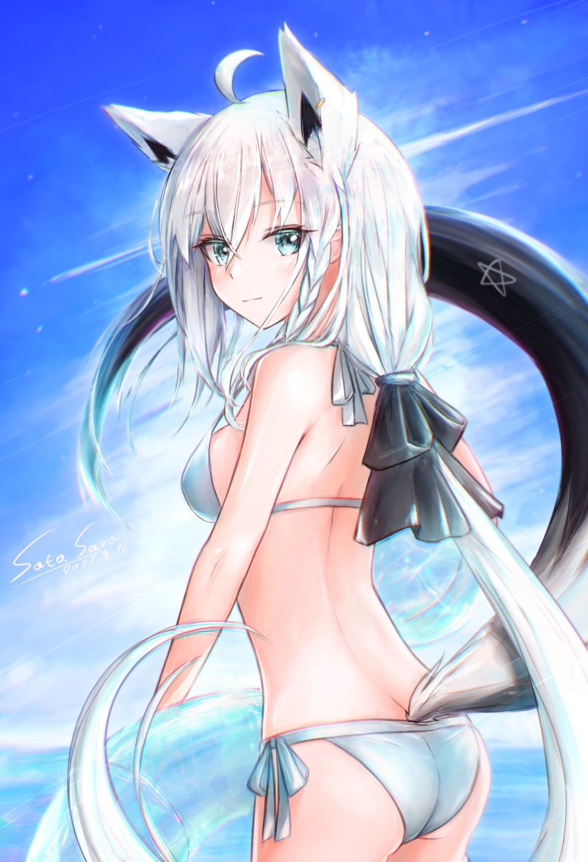 1girl, ahoge, animal_ears, bikini, black_bow, blue_bikini, blue_sky, bow, braid, breasts, commentary_request, dated, day, earrings, fox_ears, fox_girl, fox_tail, green_eyes, hair_between_eyes, hair_bow, halterneck, highres, holding, holding_swim_ring, hololive, innertube, jewelry, long_hair, looking_at_viewer, looking_back, low_ponytail, ocean, pentagram, ponytail, sarasuty, shirakami_fubuki, side-tie_bikini_bottom, sidelocks, signature, single_braid, sky, small_breasts, solo, string_bikini, swim_ring, swimsuit, tail, virtual_youtuber, white_hair