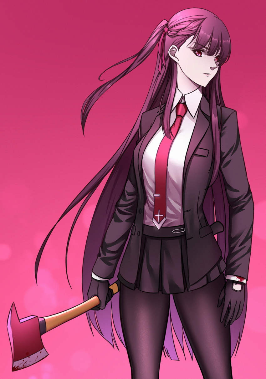 1girl, absurdres, agent_47, agent_47_(cosplay), axe, black_gloves, black_pantyhose, black_skirt, black_suit, blood, breasts, business_suit, cosplay, female_focus, formal_clothes, girls'_frontline, gloves, half_updo, highres, hitman_(game), holding, holding_axe, long_hair, long_sleeves, lzypoipoi, medium_breasts, miniskirt, necktie, one_side_up, pantyhose, pleated_skirt, purple_hair, red_eyes, red_necktie, skirt, solo, suit, wa2000_(girls'_frontline)