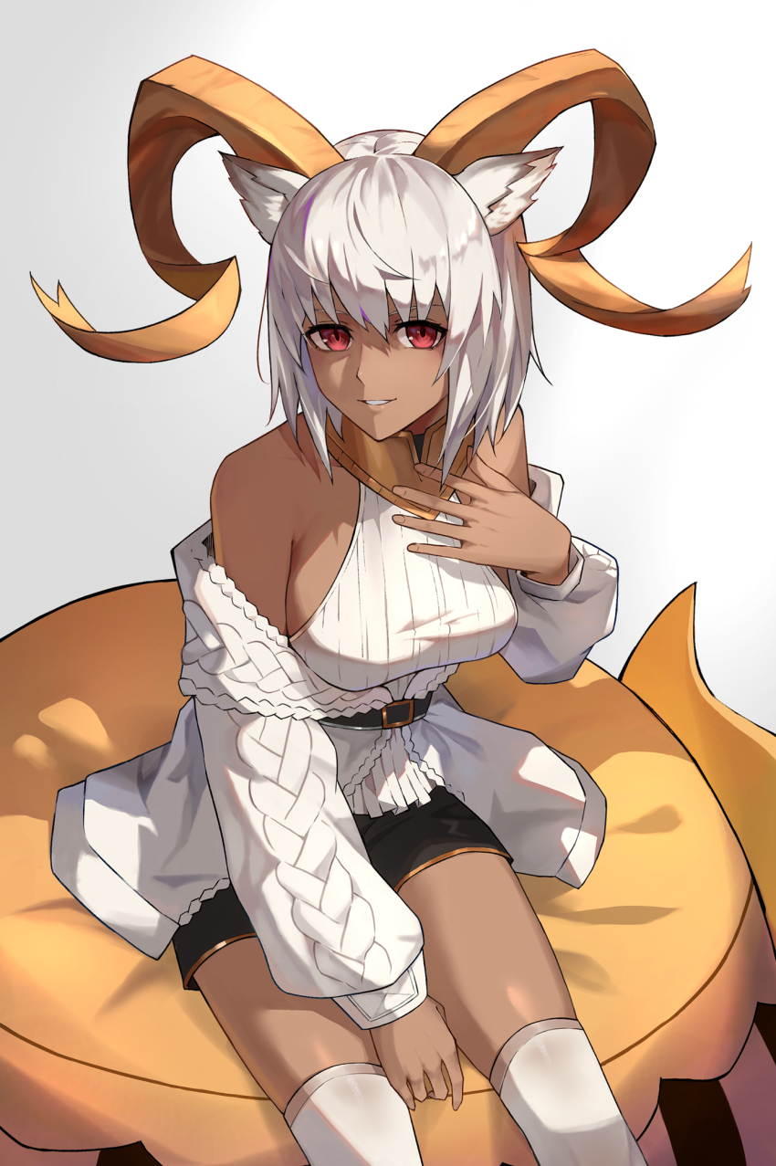 1girl, animal_ears, arknights, beeswax_(arknights), beeswax_(weisser_sand)_(arknights), beeswax_(weisser_sand)_(arknights)_(cosplay), belt, black_belt, black_shorts, breasts, cardigan, carnelian_(arknights), chinese_commentary, commentary, cosplay, cowboy_shot, dark-skinned_female, dark_skin, english_commentary, goat_ears, goat_horns, gradient_background, grey_background, hair_between_eyes, highres, horns, looking_at_viewer, medium_breasts, mixed-language_commentary, off_shoulder, official_alternate_costume, open_cardigan, open_clothes, parted_lips, red_eyes, ribbed_shirt, shirt, short_hair, short_shorts, shorts, silver_hair, simple_background, sitting, sleeveless, sleeveless_shirt, smile, solo, thighhighs, thighs, white_background, white_cardigan, white_shirt, white_thighhighs, wuzhu_nis