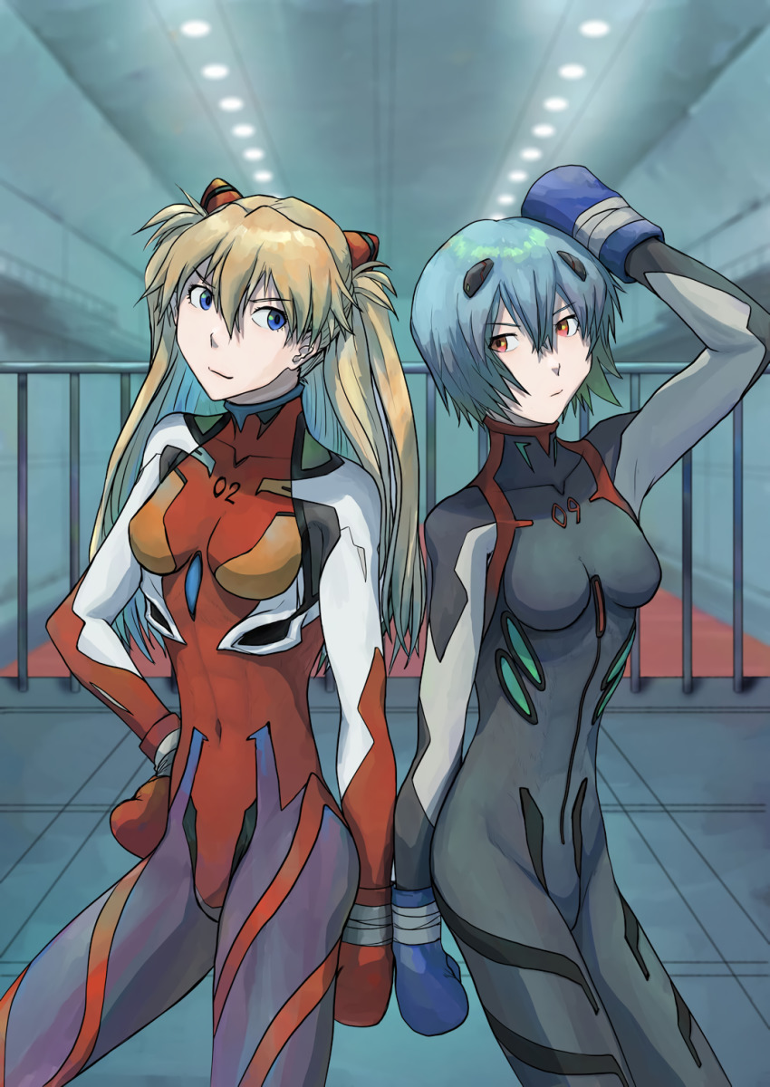 2girls, ayanami_rei, blue_eyes, blue_hair, bodysuit, boxing_gloves, breasts, evangelion:_3.0_you_can_(not)_redo