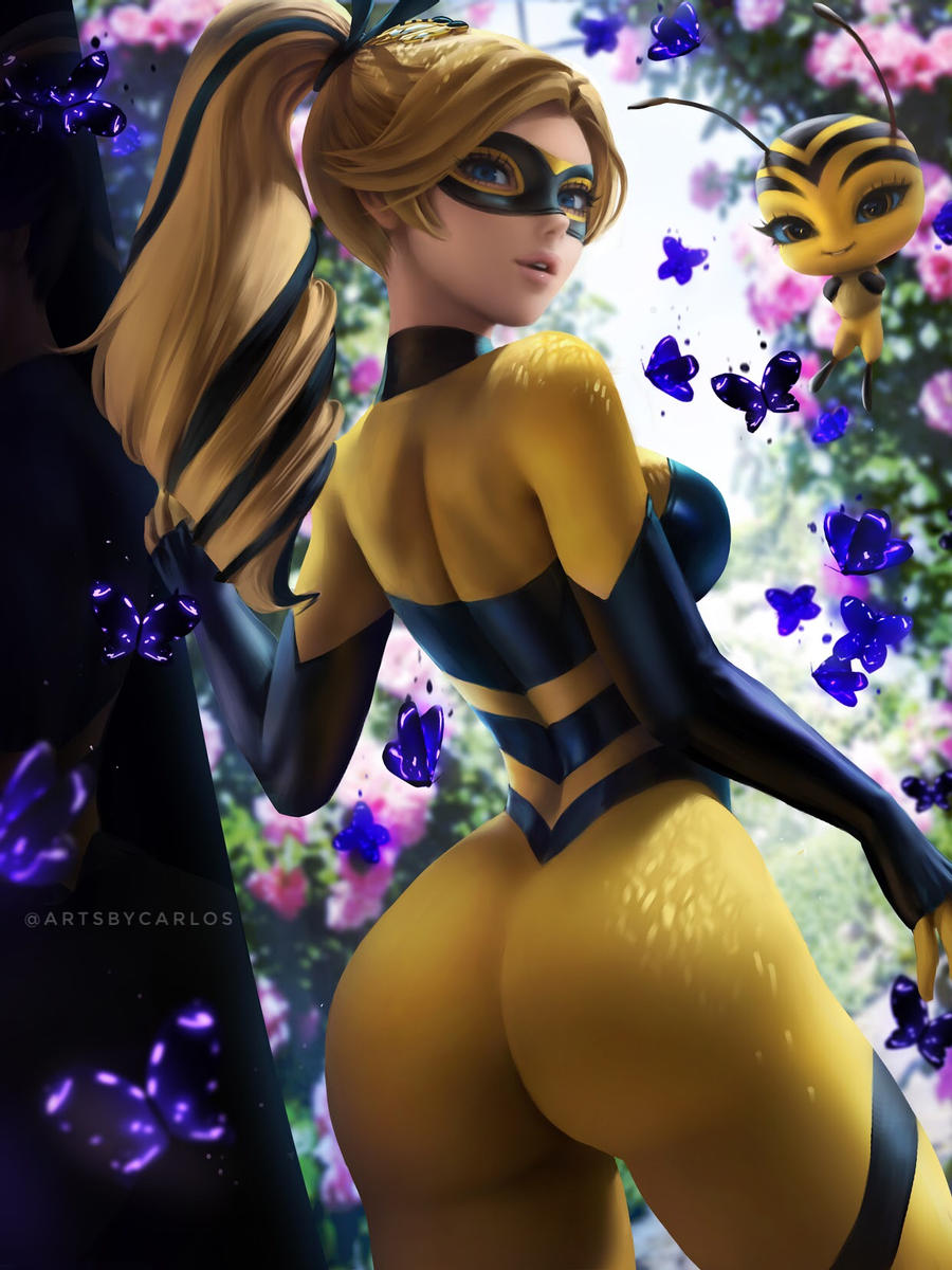 1girl, artist_name, artsbycarlos, ass, blonde_hair, blue_eyes, bodysuit, bug, butterfly, chloe_bourgeois, domino_mask, eye_mask, flower, highres, insect, kwami, looking_at_viewer, looking_back, mask, miraculous_ladybug, parted_lips, pollen_(miraculous_ladybug), ponytail, queen_bee_(miraculous_ladybug), solo