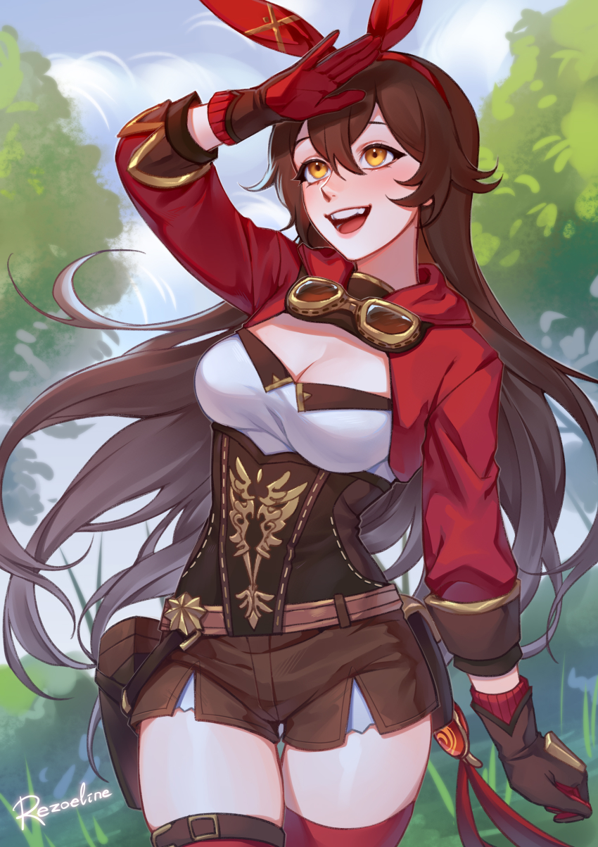 1girl, absurdres, amber_(genshin_impact), animal_ears, breasts, brown_hair, cleavage, commentary, cowboy_shot, english_commentary, fake_animal_ears, genshin_impact, gloves, goggles, goggles_around_neck, hair_between_eyes, hairband, highres, long_hair, long_sleeves, medium_breasts, open_mouth, outdoors, pouch, rabbit_ears, rezoeline, shorts, shrug_(clothing), solo, standing, teeth, thighhighs, thighs, tongue, vision_(genshin_impact), yellow_eyes