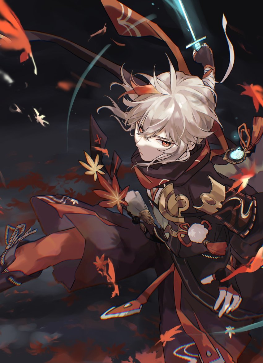 1boy, armor, autumn_leaves, bandaged_arm, bandages, black_boots, black_gloves, black_shorts
