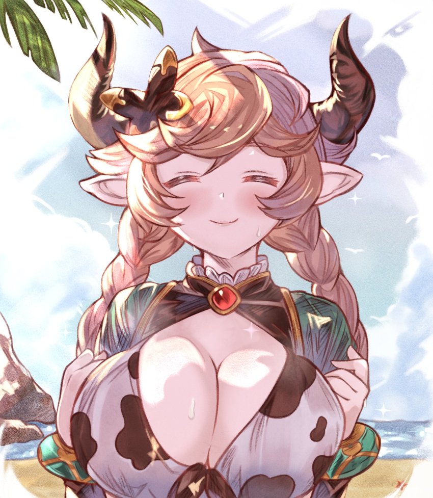 1girl, animal_print, arutoria_(187497382), beach, blonde_hair, blush, breasts, brooch, carmelina_(granblue_fantasy), cleavage, cleavage_cutout, clothing_cutout, cow_print, draph, closed_eyes, granblue_fantasy, highres, horns, jewelry, large_breasts, long_hair, ocean, pointy_ears, smile, solo, sweat, upper_body
