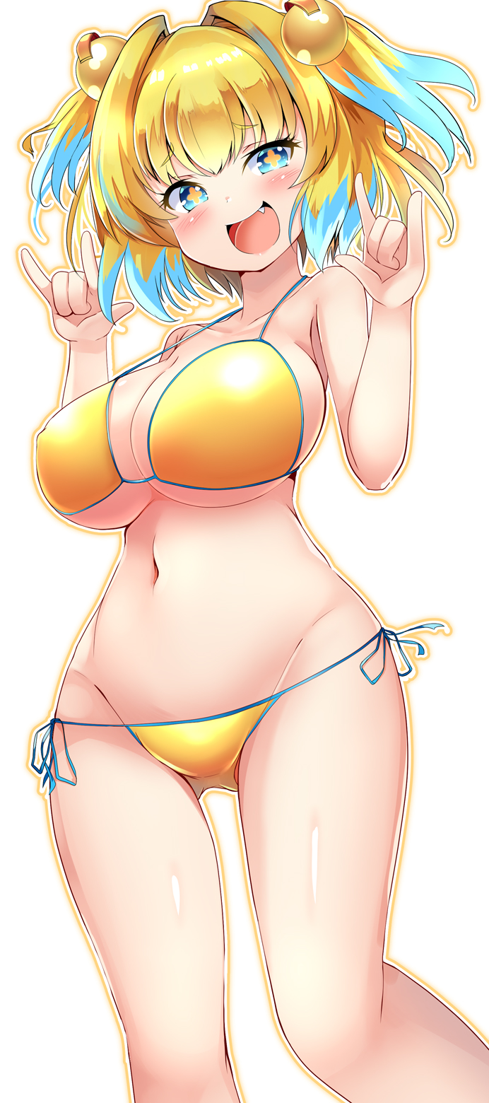 +_+, 1girl, :d, aru_(arudes), bikini, blonde_hair, blue_eyes, blue_hair, blush, bombergirl, breasts, double_m/, fang, grenade_hair_ornament, hair_intakes, highres, large_breasts, light_blue_hair, lowleg, lowleg_bikini, m/, multicolored_hair, navel, open_mouth, oppai_loli, pine_(bombergirl), side-tie_bikini_bottom, smile, solo, swimsuit, two-tone_hair, white_background, yellow_bikini