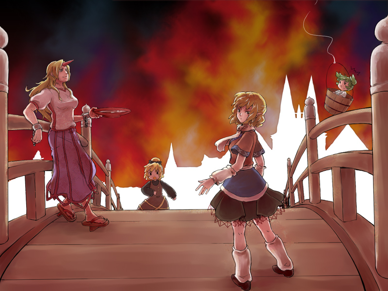 4girls, arm_warmers, blonde_hair, bow, bridge, bucket, cup, female_focus, green_eyes, hanadideru, horns, hoshiguma_yuugi, in_bucket, in_container, kisume, kurodani_yamame, long_hair, mizuhashi_parsee, multiple_girls, pointy_ears, red_eyes, sakazuki, scarf, short_hair, single_horn, touhou, twintails