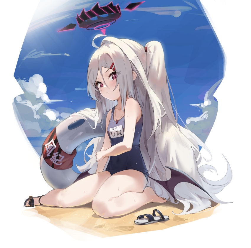 1girl, absurdres, ahoge, barefoot, beach, blue_archive, blush, closed_mouth