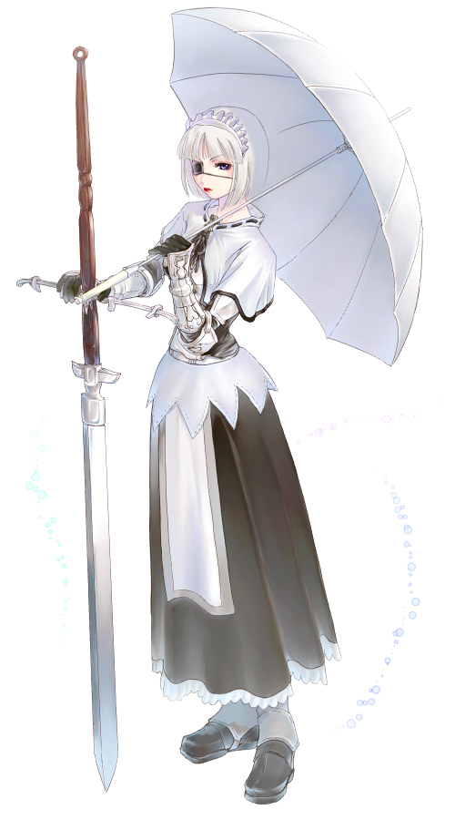 1girl, armor, armored_dress, aura-hysterica, couter, dress, eyepatch, female_focus, frown, gauntlets, maid, mr.romance, ragnarok_online, short_hair, solo, sword, swordman, swordsman_(ragnarok_online), umbrella, weapon, white_armor, white_hair