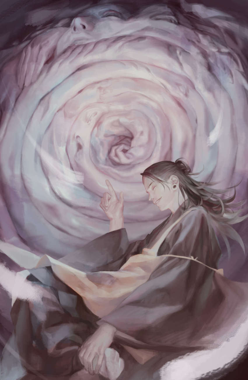 1boy, black_hair, duplicate, earrings, closed_eyes, feet, geto_suguru, hair_bun