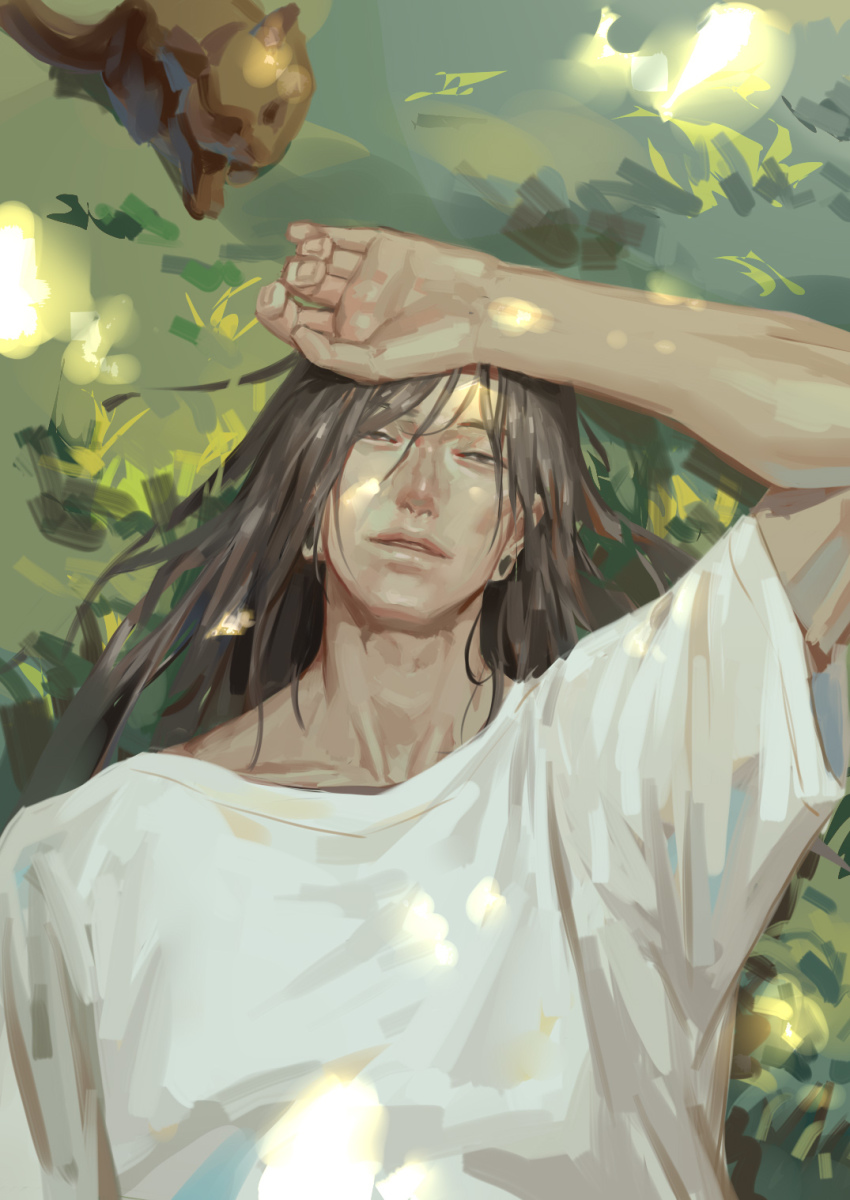 1boy, arm_up, black_eyes, collarbone, dappled_sunlight, earrings, fingernails, geto_suguru