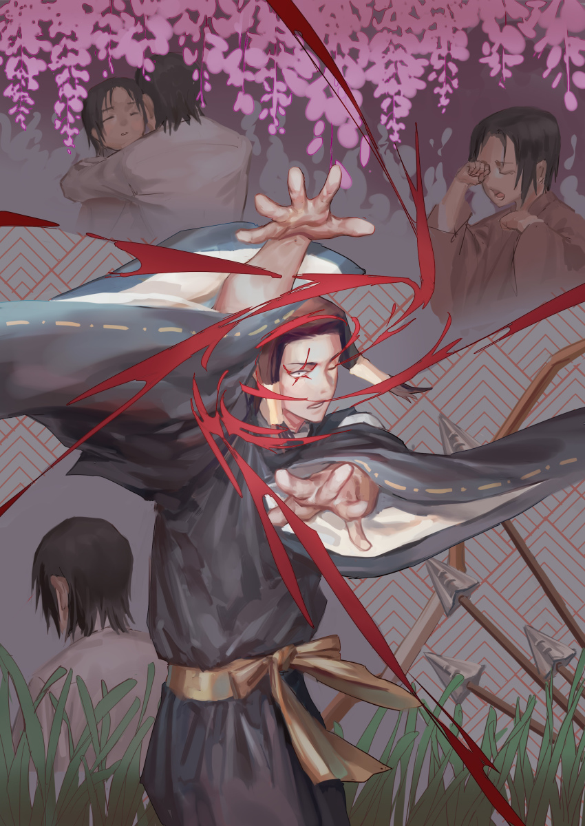 2boys, absurdres, arrow_(projectile), attack, back, black_eyes, black_hair, blood