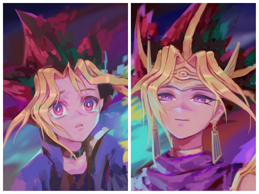 2boys, ancient_egyptian, atem, belt_collar, black_shirt, blonde_hair, closed_mouth, collar