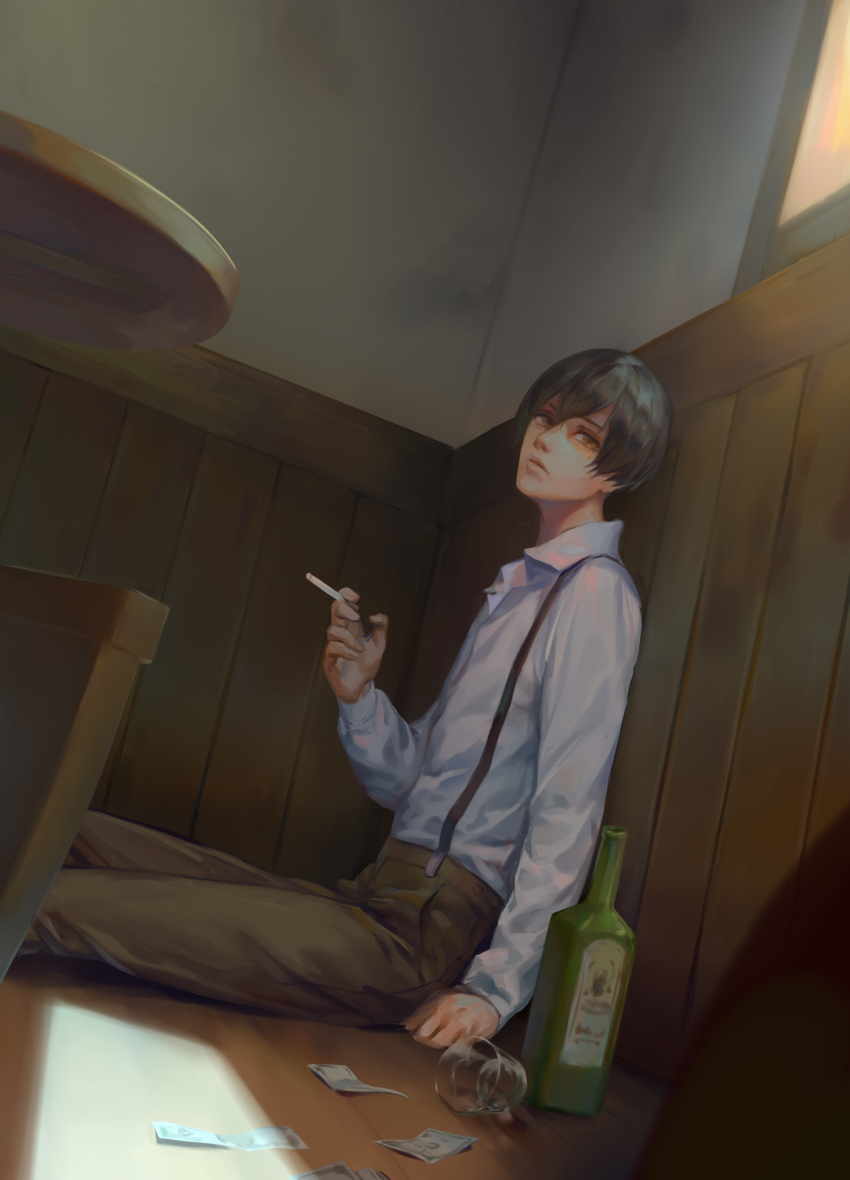1boy, 91_days, absurdres, against_wall, alcohol, avilio_bruno, black_hair, bottle, brown_eyes, chair, cigarette, cup, hair_between_eyes, hejia_abby, highres, holding, holding_cigarette, indoors, looking_at_viewer, male_focus, money, parted_lips, sitting, solo, table, window
