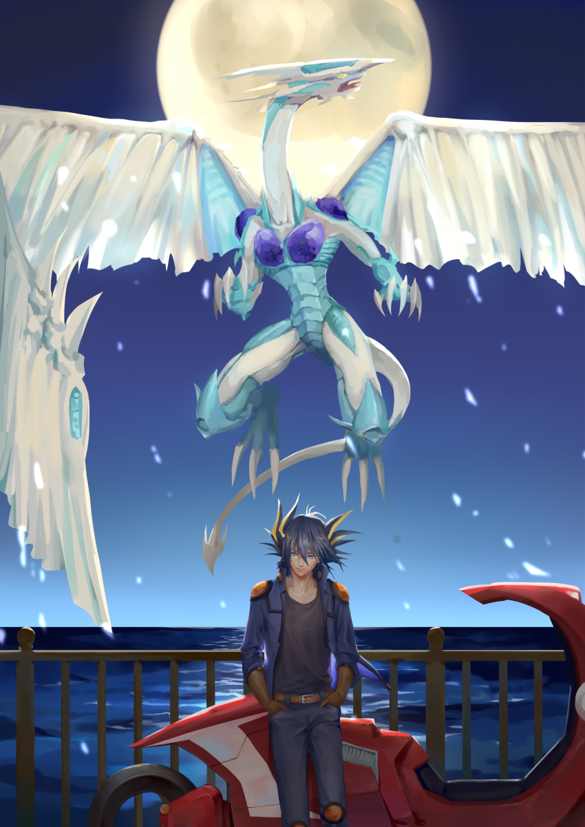 1boy, absurdres, belt, black_hair, black_shirt, blonde_hair, blue_eyes, blue_jacket