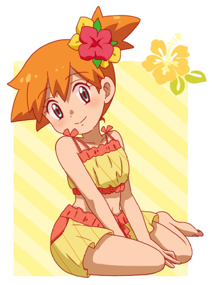 bare_arms, bare_shoulders, barefoot, bikini, blush, breasts, feet, flower