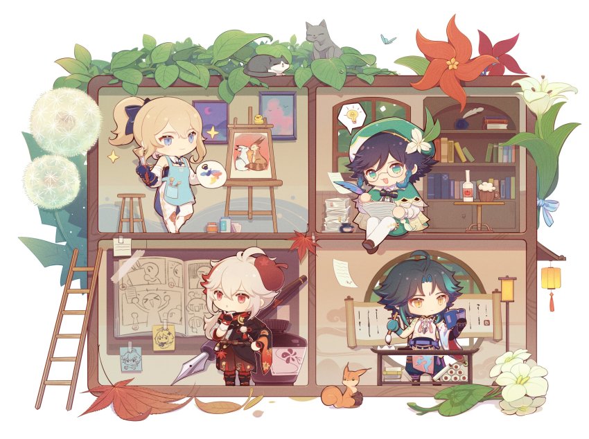 1girl, 3boys, :3, aether_(genshin_impact), ahoge, alcohol, antenna_hair, apron