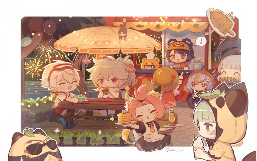 2boys, 6+girls, :3, alternate_costume, animal, animal_ear_fluff, animal_ears, animal_hood, apron, ayaka_(genshin_impact), bangs_pinned_back, bench, bennett_(genshin_impact), blonde_hair, blue_hair, blunt_bangs, bowl, burger, cat, cat_ears, cat_girl, cat_tail, chef_hat, closed_eyes, coconut, coconut_tree, cup, daruma_doll, dated, diona_(genshin_impact), drinking_straw, eating, festival, fireworks, food, genshin_impact, grey_hair, guoba_(genshin_impact), hair_between_eyes, hair_ornament, hair_rings, hairclip, hand_fan, hat, highres, holding, holding_fan, hood, hood_down, hood_up, ice_cream, ice_cream_cone, jacket, klee_(genshin_impact), leaf, leaf_on_head, long_hair, low_twintails, market_stall, multiple_boys, multiple_girls, musical_note, ofuda, open_mouth, outdoors, palm_tree, pancake, pink_hair, pointy_ears, ponytail, purple_hair, qiqi_(genshin_impact), red_eyes, sayu_(genshin_impact), seashell, see-through_clothes, shell, short_sleeves, shuangfeng, sidelocks, sitting, skewer, slime_(genshin_impact), sunglasses, table, tail, tray, tree, tree_stump, twintails, visor_cap, white_apron, xiangling_(genshin_impact)