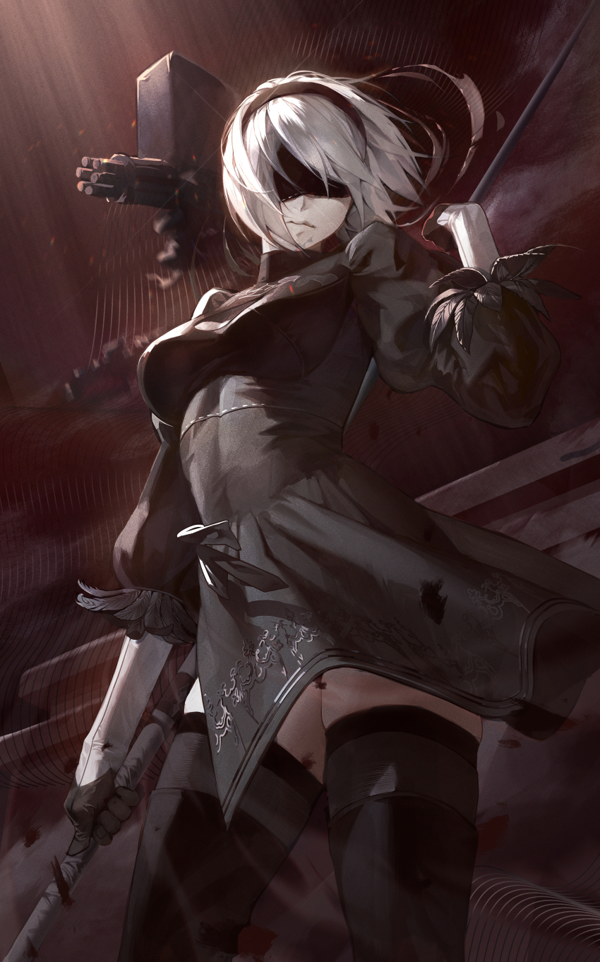 1girl, 2b_(nier:automata), absurdres, black_footwear, black_gloves, black_hairband, black_thighhighs, blindfold, breasts, cleavage, cleavage_cutout, closed_mouth, clothing_cutout, dust, dust_cloud, feather-trimmed_sleeves, feather_trim, film_grain, floating, gatling_gun, gloves, hairband, highres, holding, holding_polearm, holding_weapon, huge_filesize, light_particles, light_rays, minigun, nea_(nongta2002), nier:automata, nier_(series), pod_(nier:automata), polearm, puffy_sleeves, short_hair, skindentation, thighhighs, turtleneck, weapon, white_hair