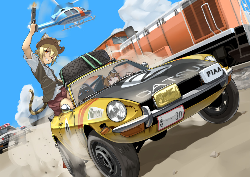 2girls, aircraft, animal_ears, arai_kogane, blue_sky, car, cat_ears, cat_girl, cat_tail, cloud, cowboy_hat, diesel_locomotive, finger_on_trigger, firing, goggles, goggles_on_head, gun, handgun, hat, helicopter, japan_national_police, l'arc~en~ciel, locomotive, motor_vehicle, multiple_girls, nissan, nissan_fairlady, nissan_fairlady_z, original, parody, police, police_car, police_helicopter, sky, spare_tire, tail, train, unused_tire, vehicle_focus, weapon