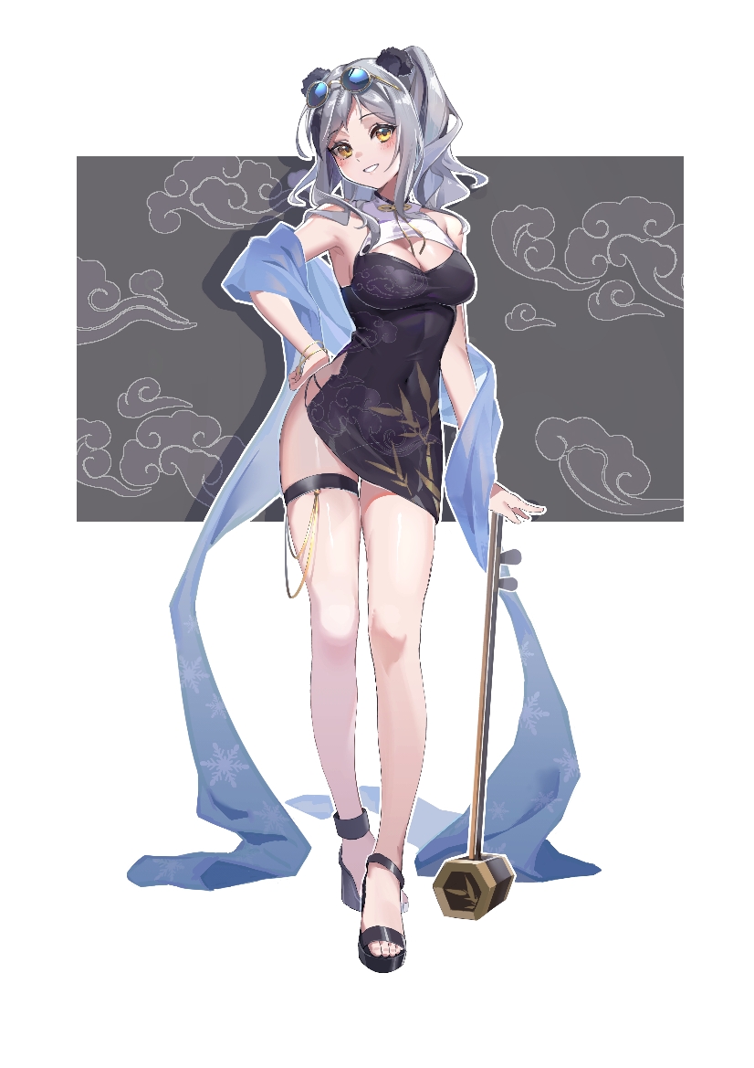 1girl, aliasing, ambience_synesthesia, animal_ears, arknights, ass, breasts, china_dress, chinese_clothes, cleavage, commentary_request, dress, erhu, eyewear_on_head, feater_(ambience_synesthesia)_(arknights), feater_(arknights), muzixin0504, official_alternate_costume, panda_ears, panda_girl, scarf, silver_hair, smile, solo, sunglasses, thighs, yellow_eyes