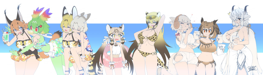 6+girls, ^^^, absurdres, alpha_signature, animal_ears, animal_print, arm_behind_head, arm_up, armpits, bikini, bird_tail, black_horns, blonde_hair, bread, breasts, brown_hair, caracal_(kemono_friends), carrying, cellval, cheetah_(kemono_friends), cheetah_girl, cleavage, closed_eyes, cocktail, cowboy_shot, cup, dated, drooling, eating, eurasian_eagle_owl_(kemono_friends), extra_ears, flat_chest, flipped_hair, food, frilled_bikini, frills, fur_collar, geoffroy's_cat_(kemono_friends), grey_eyes, grey_horns, hair_over_one_eye, halterneck, head_wings, highres, horns, huge_breasts, japari_bun, japari_symbol, kemono_friends, kemono_friends_3, large_breasts, leopard_print, long_hair, multicolored_horns, multiple_girls, navel, one-piece_swimsuit, one_eye_closed, open_mouth, orange_eyes, owl_ears, cow_ears, cow_girl, cow_horns, piggyback, print_sarong, print_skirt, red_eyes, saliva, sarong, serval_(kemono_friends), sheep_(kemono_friends), sheep_ears, sheep_tail, short_hair, skirt, sleeping, small_breasts, smile, string_bikini, striped_tail, swimsuit, tail, white_sarong, white_serval_(kemono_friends), wings, yak_(kemono_friends), yellow_eyes, yoshida_hideyuki