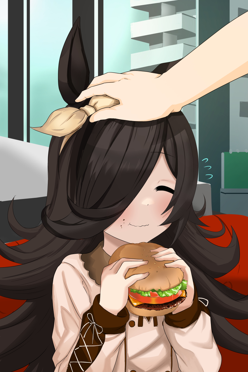 1girl, absurdres, animal_ears, apartment, arms_up, beige_bow, beige_sweater, blush