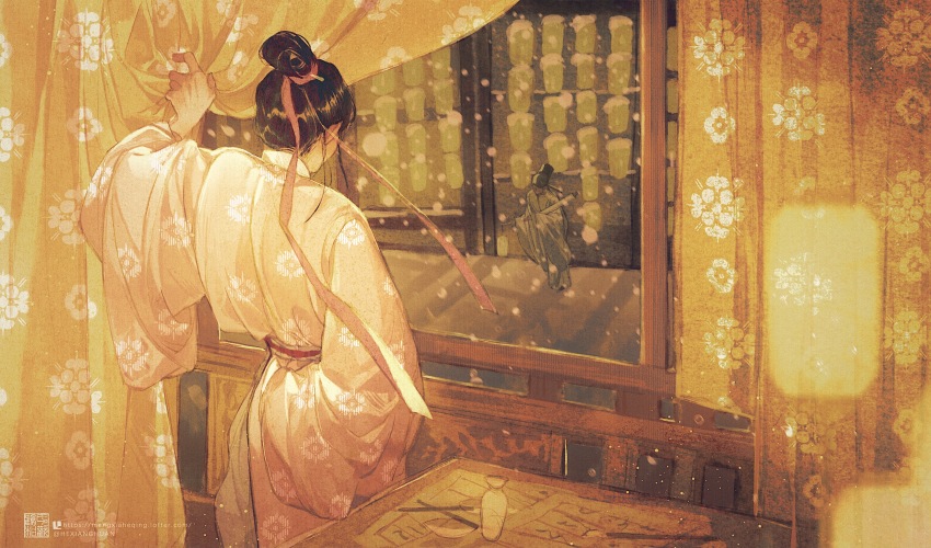 1girl, absurdres, black_hair, commentary_request, copyright_request, curtains, from_behind, hair_bun