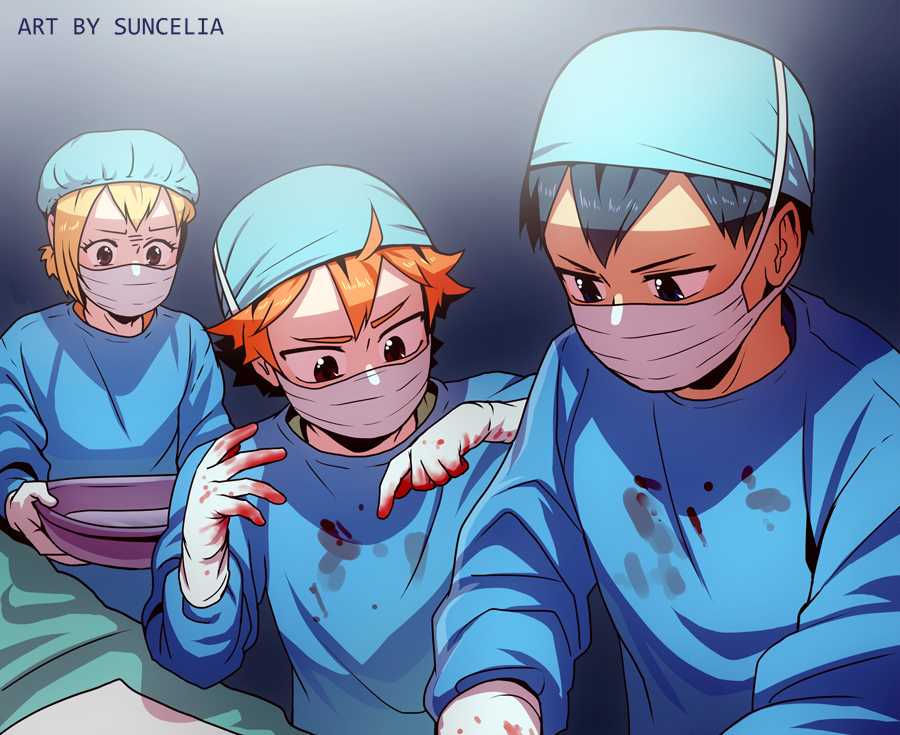 1girl, 2boys, face_mask, haikyuu!!, hinata_shouyou, kageyama_tobio, mask, multiple_boys