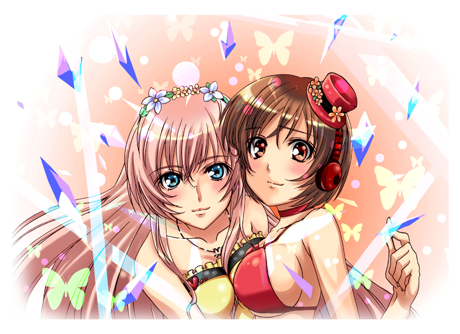 2girls, aqua_eyes, bad_id, bad_pixiv_id, blush, breasts, brown_hair, bug