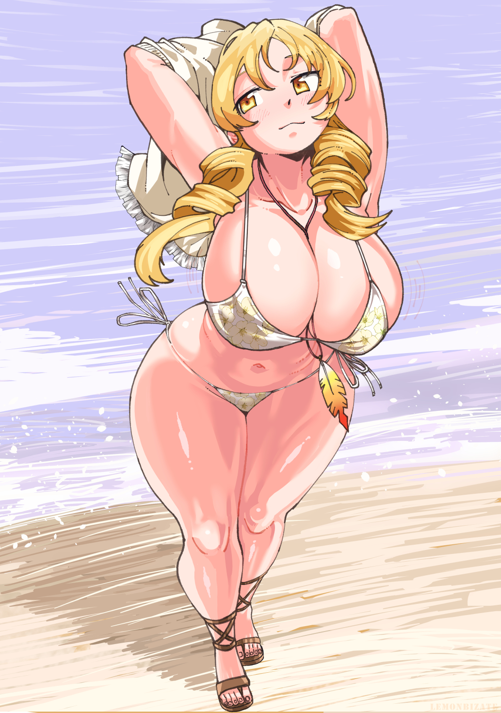 1girl, arms_behind_head, bikini, blonde_hair, breasts, cleavage, curvy, drill_hair, feathers, feet, female_focus, floral_print, full_body, highres, huge_breasts, lemonbizate, mahou_shoujo_madoka_magica, matching_hair/eyes, midriff, navel, print_bikini, sandals, side-tie_bikini_bottom, solo, standing, swimsuit, thick_thighs, thighs, toes, tomoe_mami, twintails, wide_hips, yellow_eyes