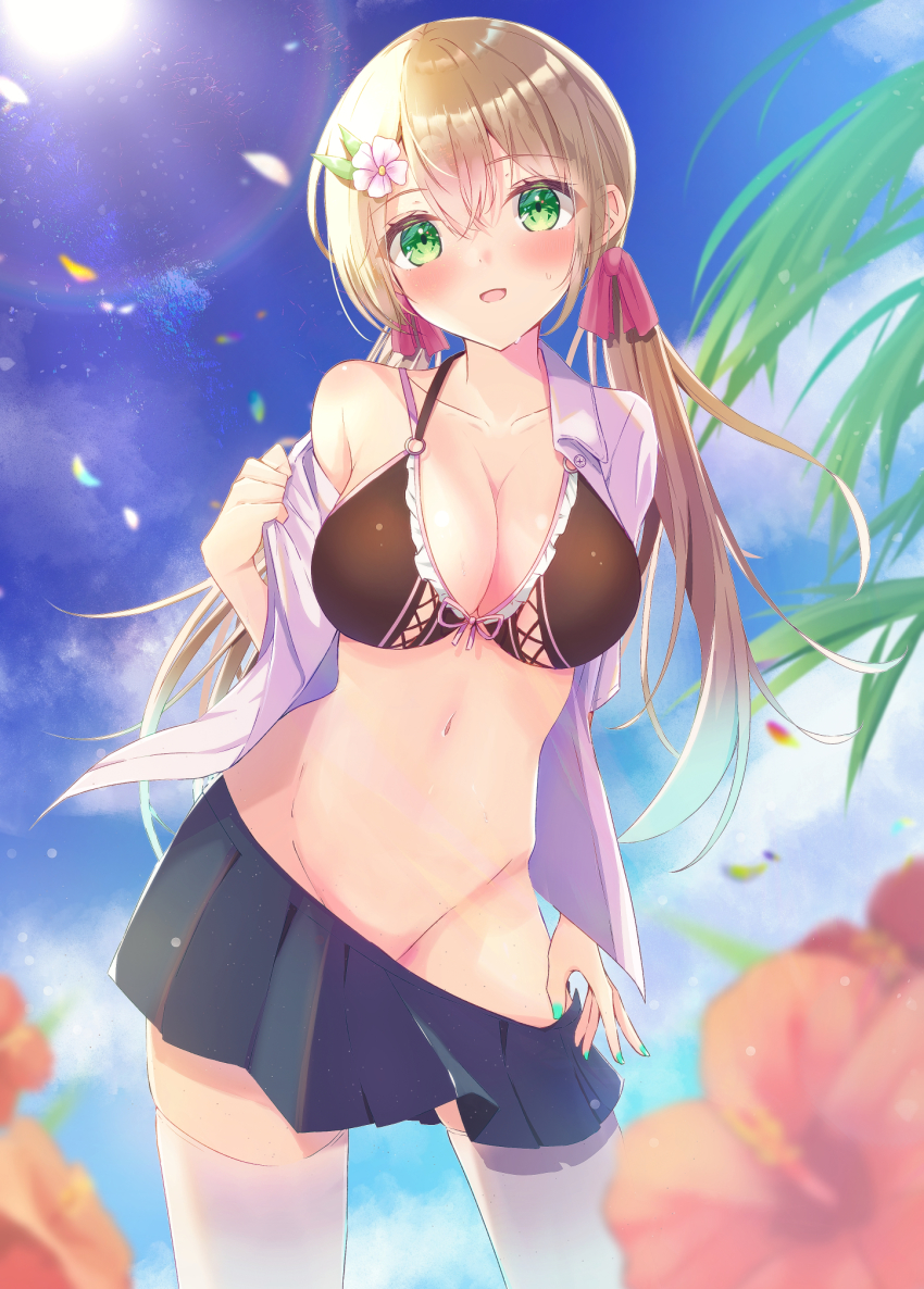 1girl, aonu_koru, bikini, bikini_under_clothes, black_bikini, blue_skirt, blue_sky, blurry