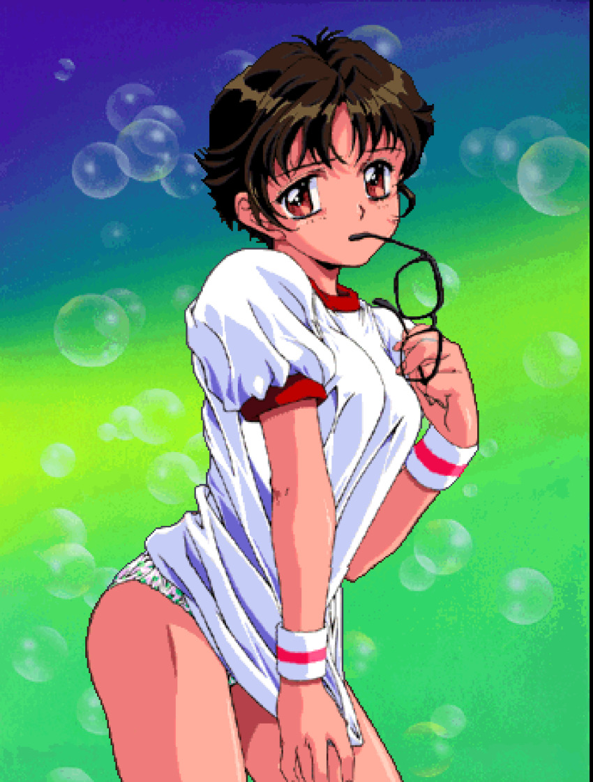 1girl, black_hair, breasts, brown_eyes, glasses, gradient_background, gym_uniform, highres