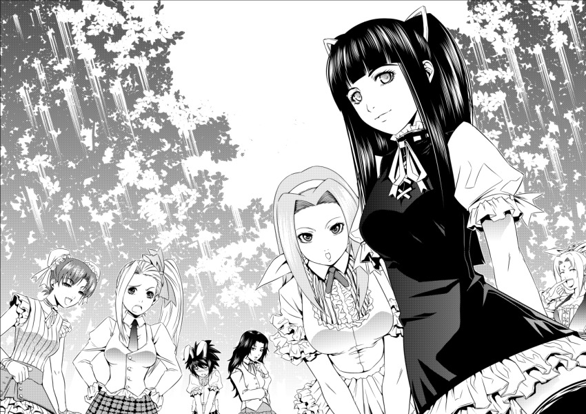 6+girls, alternate_costume, animal_ears, blush, comipa, contemporary, female_focus, formal_clothes, greyscale, haruno_sakura, hyuuga_hinata, mitarashi_anko, monochrome, multiple_girls, naruto_(classic), naruto_(series), outdoors, rabbit_ears, school_uniform, standing, tenten_(naruto), tsunade_(naruto), yamanaka_ino, yuuhi_kurenai