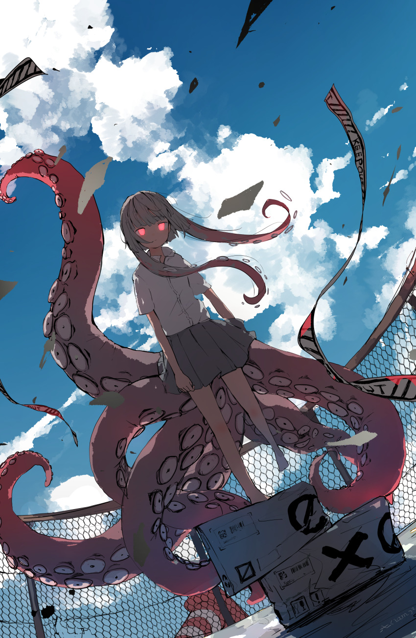 1girl, absurdres, aiamu_iamu, arms_at_sides, blouse, box, caution_tape, chain-link_fence, collared_shirt, day, female_focus, fence, fisheye, glowing, glowing_eyes, highres, monster_girl, original, outdoors, red_eyes, scylla, shirt, short_hair_with_long_locks, sidelocks, signature, skirt, solo, suction_cups, tentacle_hair, tentacles, traffic_cone, white_shirt, wind