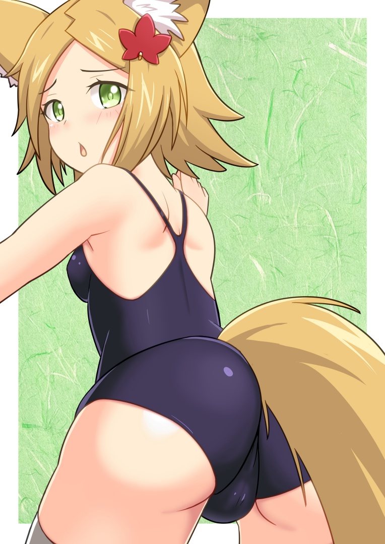 1girl, :o, alternate_costume, animal_ears, ass, back, bare_shoulders, blue_one-piece_swimsuit, blush, commentary_request, fox_ears, fox_tail, from_behind, fur_trim, green_eyes, guchiaki, hair_ornament, kogitsunemaru_(tenka_hyakken), leaf, leaf_hair_ornament, looking_at_viewer, looking_back, maple_leaf, one-piece_swimsuit, orange_hair, parted_bangs, short_hair, solo, swimsuit, tail, tenka_hyakken, thighhighs, white_thighhighs
