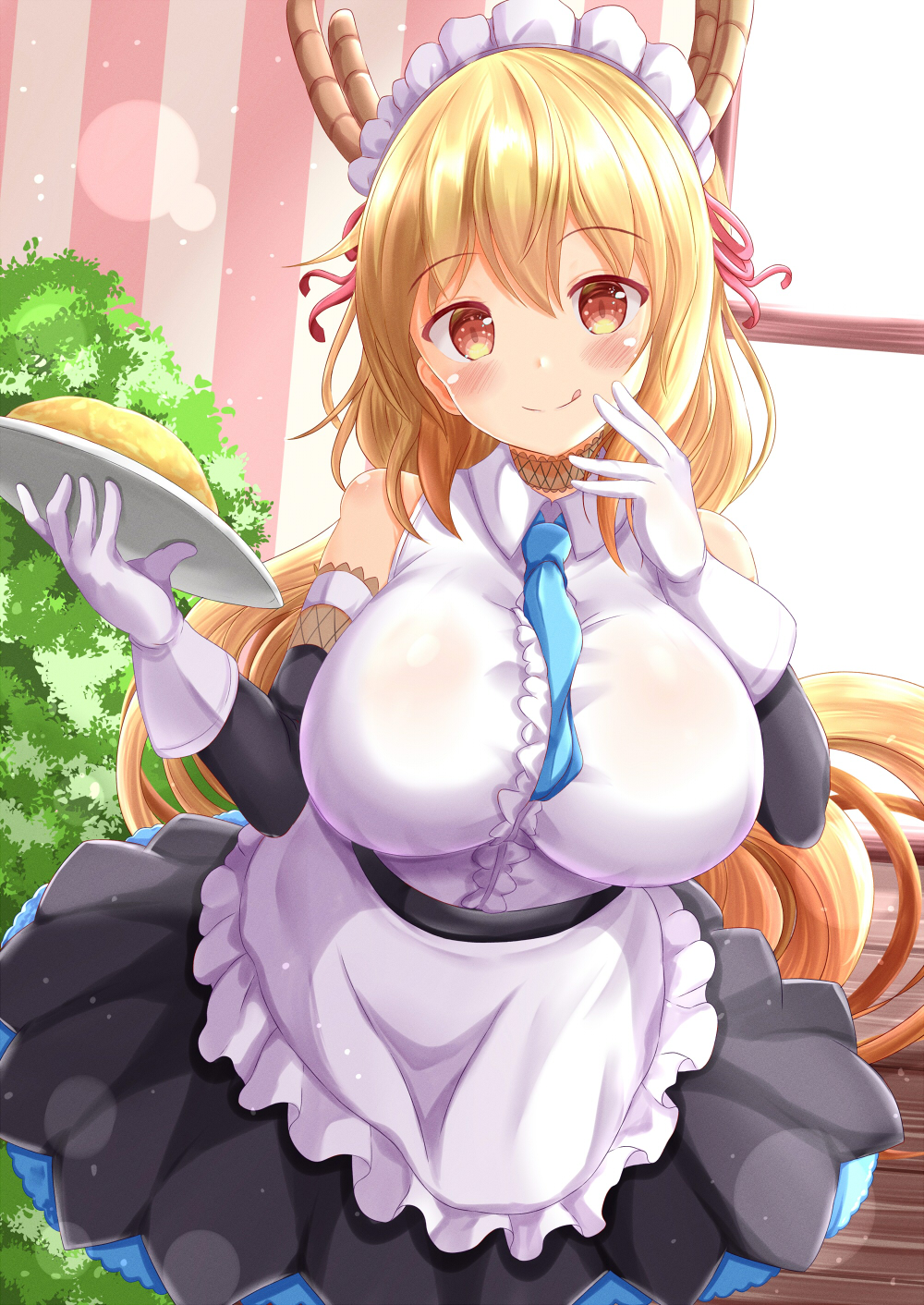 1girl, :q, apron, black_skirt, black_sleeves, blonde_hair, blue_neckwear, blush