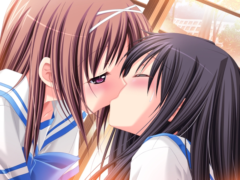 2girls, atelier_kaguya, black_hair, blush, brown_hair, choco_chip, closed_eyes, female_focus, game_cg, hair_ribbon, himukai_haruka, kamishiro_shizuku, kiss, long_hair, multiple_girls, purple_eyes, ribbon, school_project, school_uniform, yuri