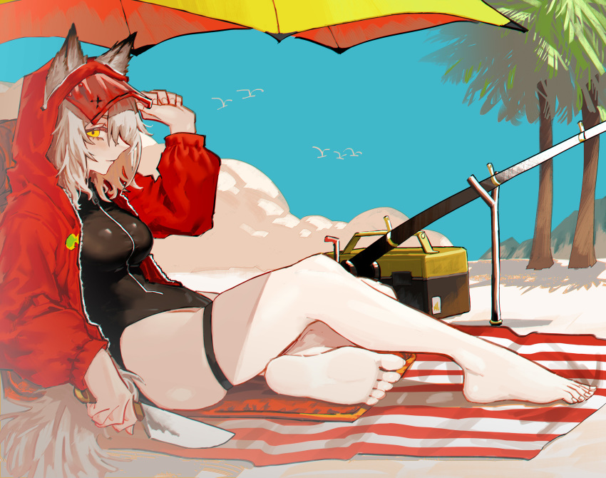 1girl, absurdres, animal_ears, arknights, beach, beach_towel, beach_umbrella, bird, black_one-piece_swimsuit, commentary, ears_through_headwear, fishing_rod, grey_hair, groin, hand_on_headwear, highres, holding, holding_knife, hood, hood_up, hooded_jacket, jacket, knife, long_hair, official_alternate_costume, one-piece_swimsuit, open_clothes, open_jacket, outdoors, palm_tree, projekt_red_(arknights), projekt_red_(light_breeze)_(arknights), red_jacket, renxzd, sand, sideways_glance, sitting, sky, solo, swimsuit, tackle_box, tail, thigh_strap, thighs, towel, tree, umbrella, wolf_ears, wolf_girl, wolf_tail, yellow_eyes