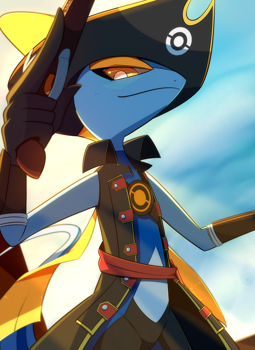 black_hat, bright_pupils, cinderace, cinderace_(captain), cinderace_(cosplay), closed_mouth, coat, commentary