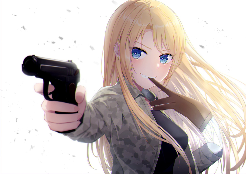 1girl, blonde_hair, finger_on_trigger, grin, gun, highres, holding, holding_gun