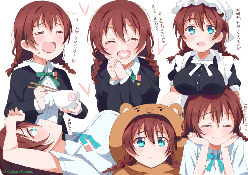 animal_costume, bear_costume, black_jacket, blazer, blue_eyes, blue_shirt, bowl, braid