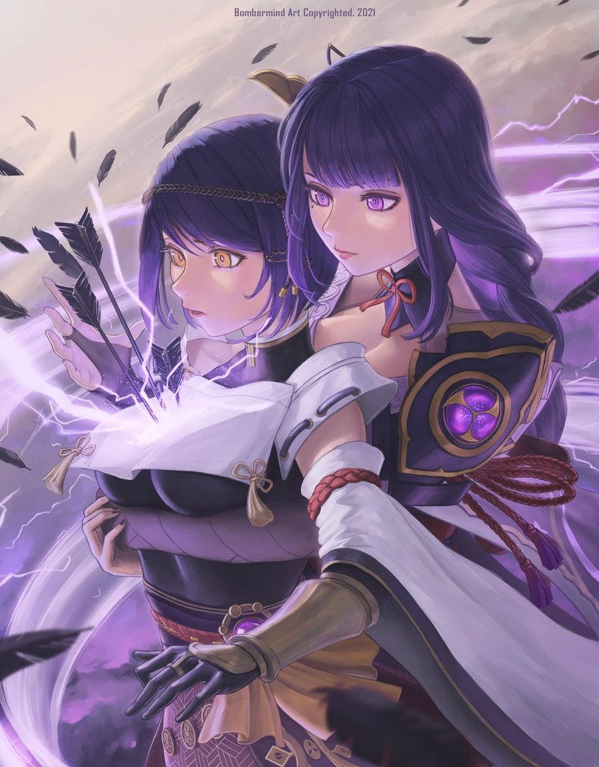 2girls, armor, arrow_(projectile), arrow_in_body, artist_name, black_hair, black_nails, blurry, blurry_foreground, bomberminda, braid, breasts, bridal_gauntlets, cleavage, closed_mouth, commentary, detached_sleeves, electricity, english_commentary, feathers, genshin_impact, gloves, hair_ornament, highres, hug, hug_from_behind, human_scabbard, japanese_clothes, kujou_sara, large_breasts, long_hair, mole, mole_under_eye, multiple_girls, nail_polish, open_mouth, purple_eyes, purple_hair, raiden_shogun, ribbon, short_hair, shoulder_armor, simple_background, tassel, vision_(genshin_impact), yellow_eyes