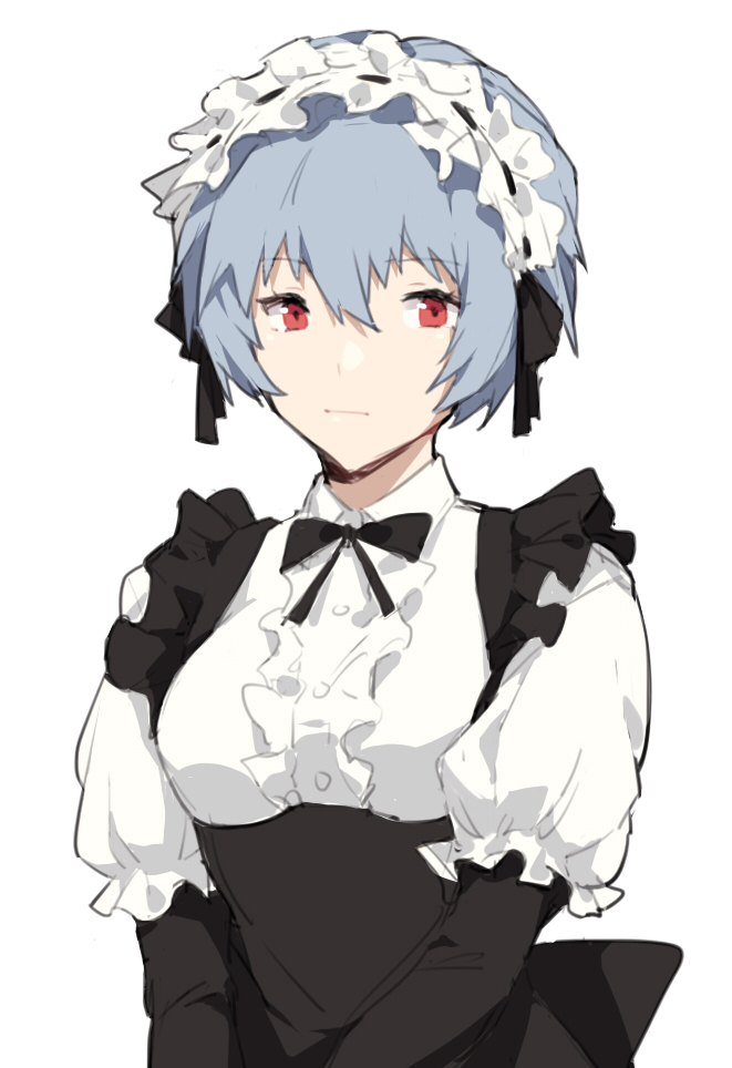1girl, anchun_(quail0503), apron, ayanami_rei, black_apron, black_bow, black_bowtie, black_ribbon