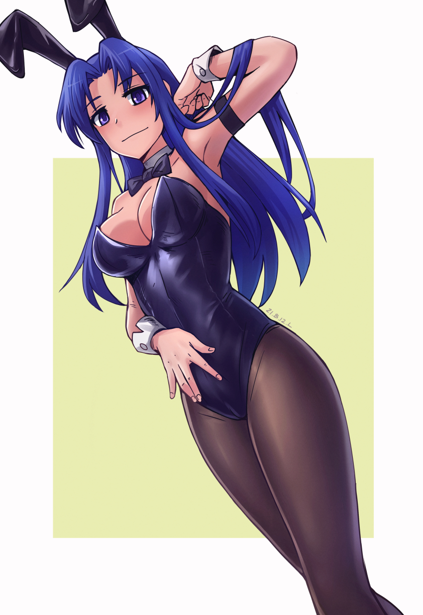 1girl, absurdres, animal_ears, beige_background, black_bow, black_bowtie, black_leotard, black_pantyhose, blue_hair, bow, bowtie, cowboy_shot, detached_collar, fake_animal_ears, highres, kawashima_ami, leotard, long_hair, looking_at_viewer, pantyhose, playboy_bunny, purple_eyes, rabbit_ears, royl, solo, standing, strapless, strapless_leotard, toradora!, two-tone_background, white_background, wrist_cuffs, yellow_background