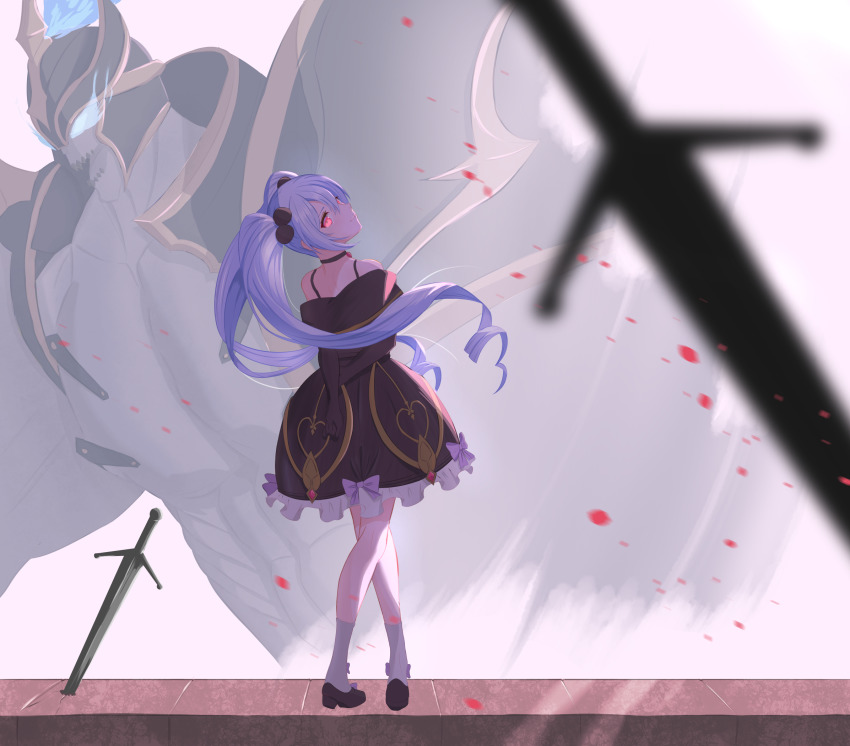 arms_behind_back, black_dress, crossed_arms, dress, full_body, ghost, gloves, guardian_tales