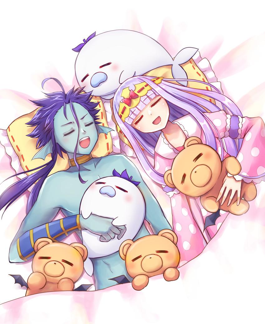 1boy, 1girl, :d, absurdres, ahoge, aurora_sya_lis_kaymin, blue_skin, bracer, colored_skin, eggplant_seal, highres, long_hair, lying, maou-jou_de_oyasumi, on_back, open_mouth, pajamas, pillow, polka_dot, ponytail, poseidon_(maou-jou_de_oyasumi), purple_hair, ranchu000, smile, teddy_demon, under_covers