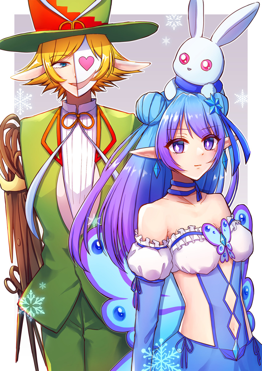 1boy, 1girl, bare_shoulders, blue_eyes, blue_hair, breasts, rabbit, character_request, cleavage, green_headwear, green_suit, hair_ornament, hat, highres, looking_at_viewer, maou-jou_de_oyasumi, mask, navel, pointy_ears, ranchu000, scissors_sorceror, snowflakes, suit, wings